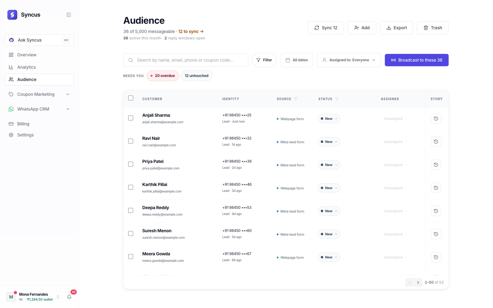 The Syncus Audience: every lead in one list with their number, the form or ad they came from, and their status.