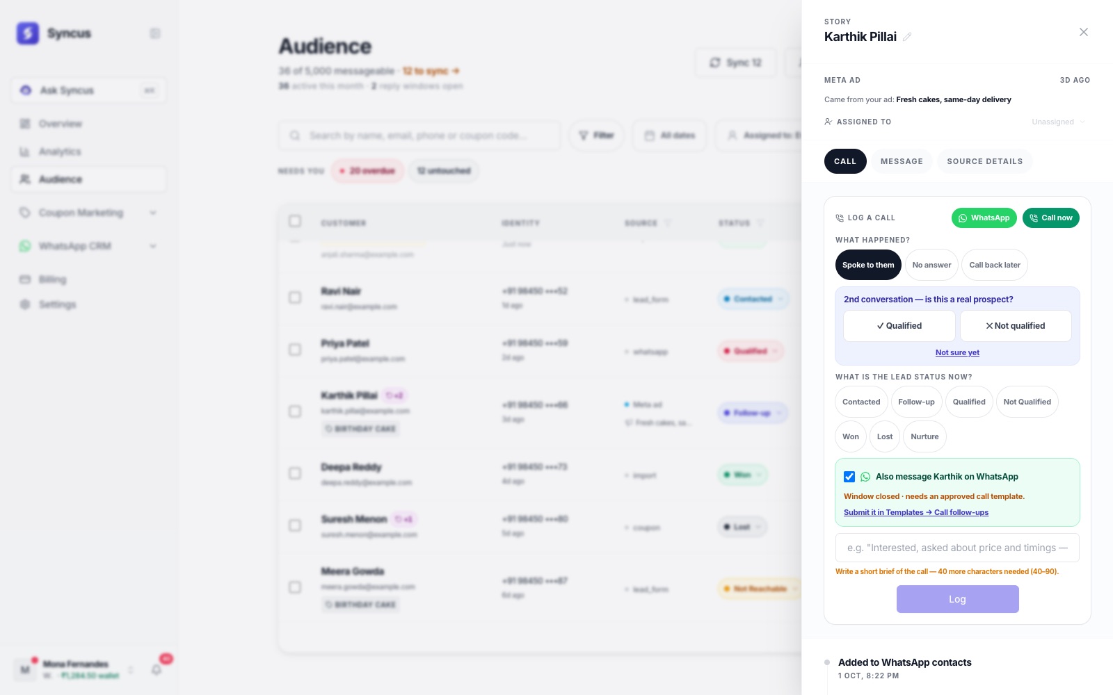 A lead's story in Syncus: the Meta ad they came from, call and WhatsApp buttons, and logging the call with a status.