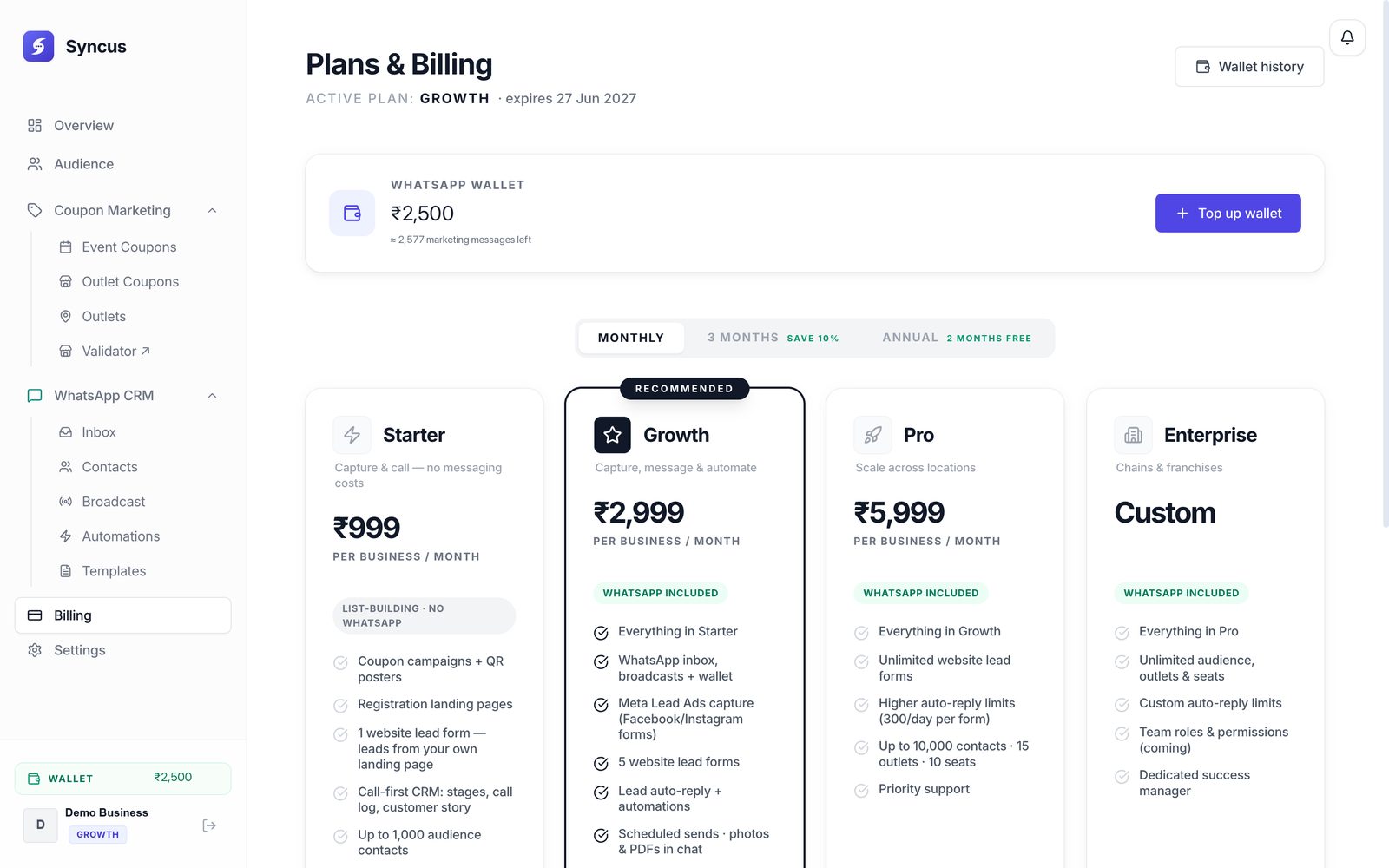 The billing page showing the wallet balance, how many messages it covers, and the four plans side by side.