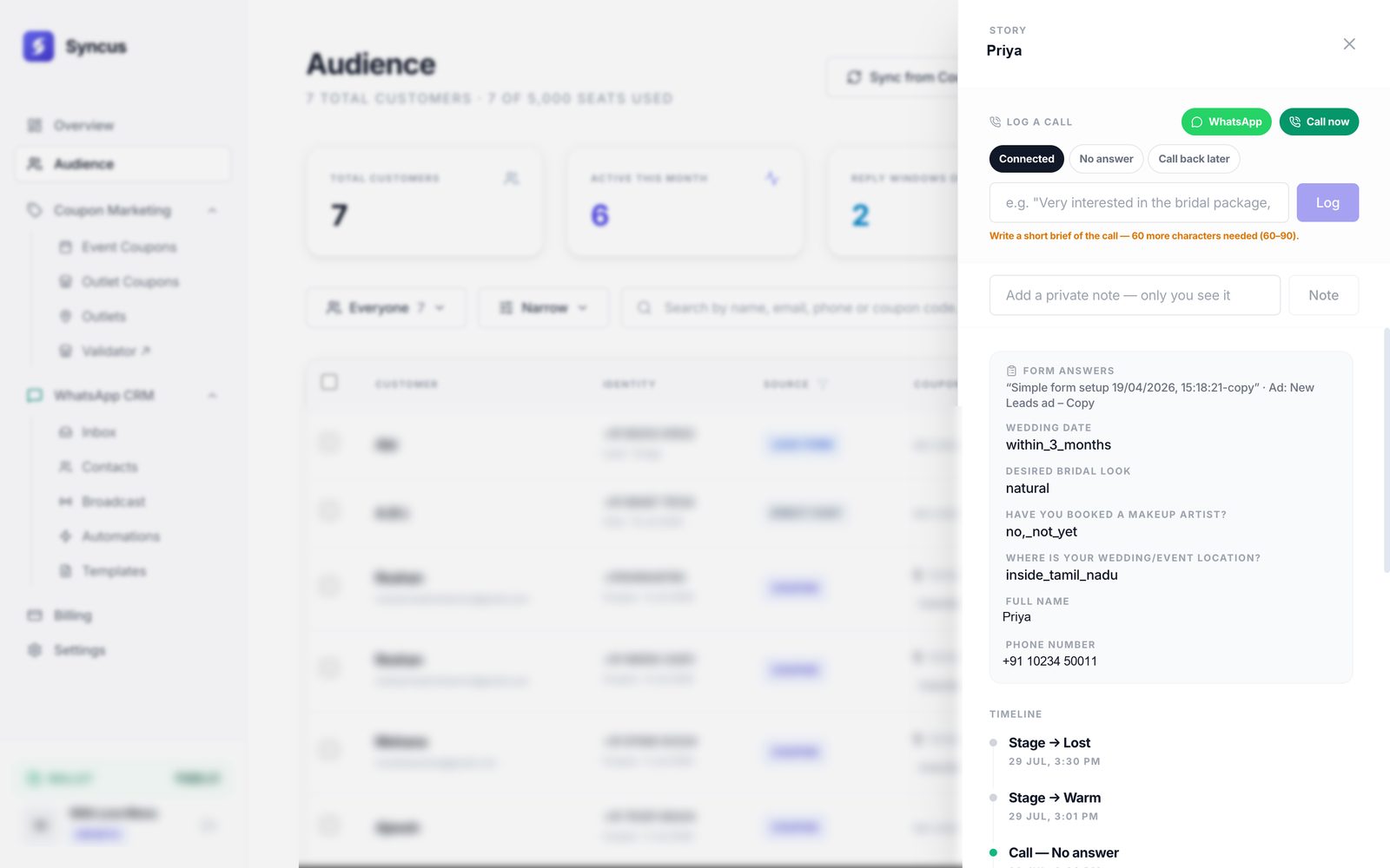 A customer's story drawer: the answers they gave on the form, buttons to call or WhatsApp them, and a timeline of every stage change.