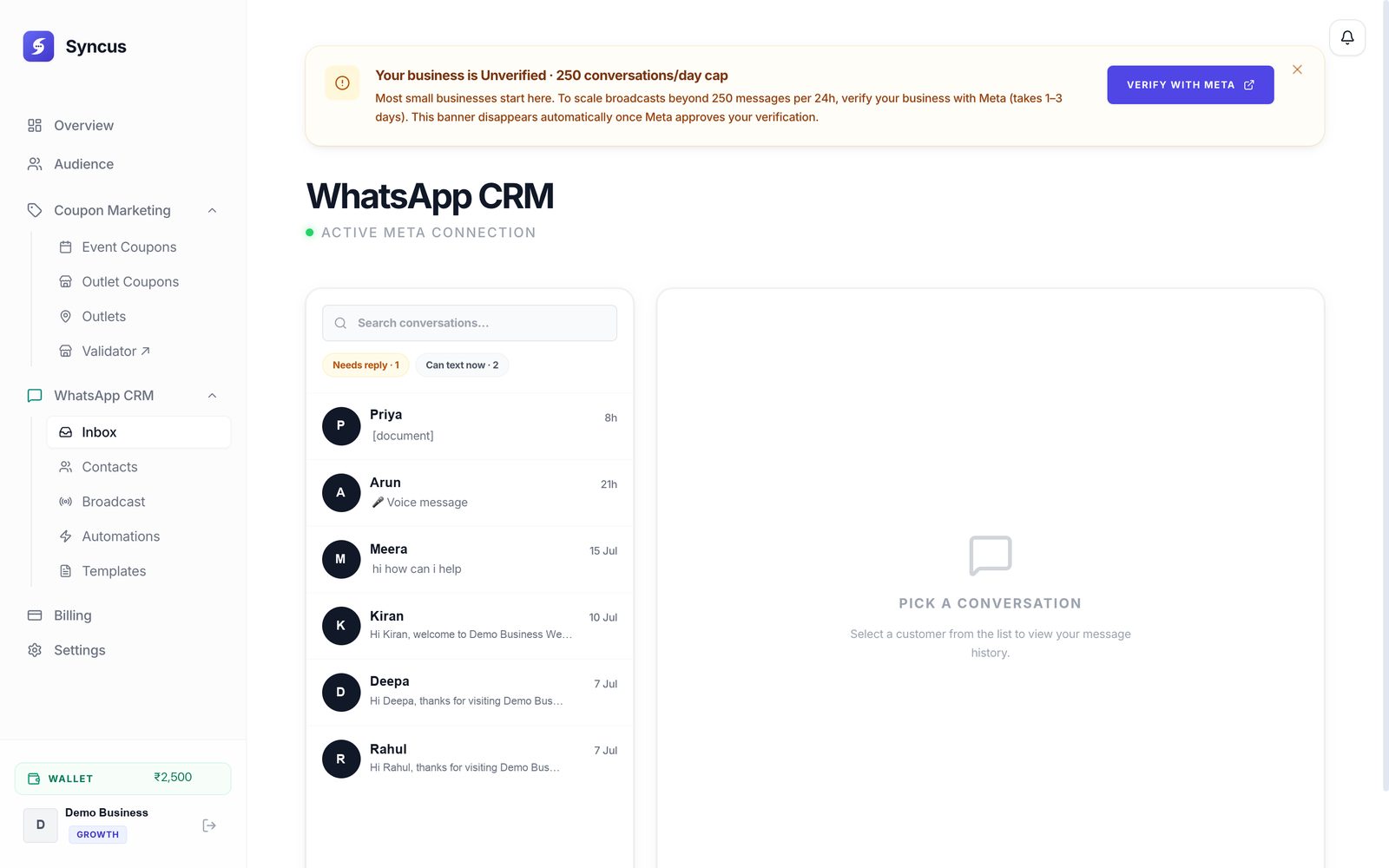 The Syncus inbox listing WhatsApp conversations with previews and how long ago each replied.