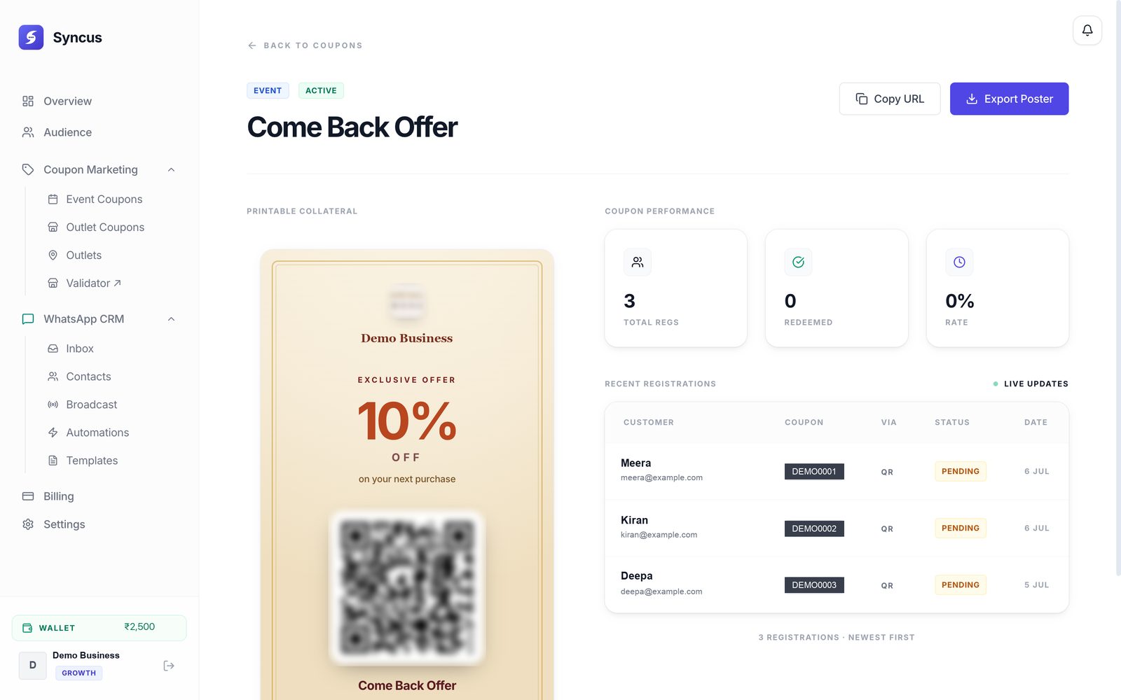 A coupon campaign page showing a printable QR poster and a list of recent registrations with their status.
