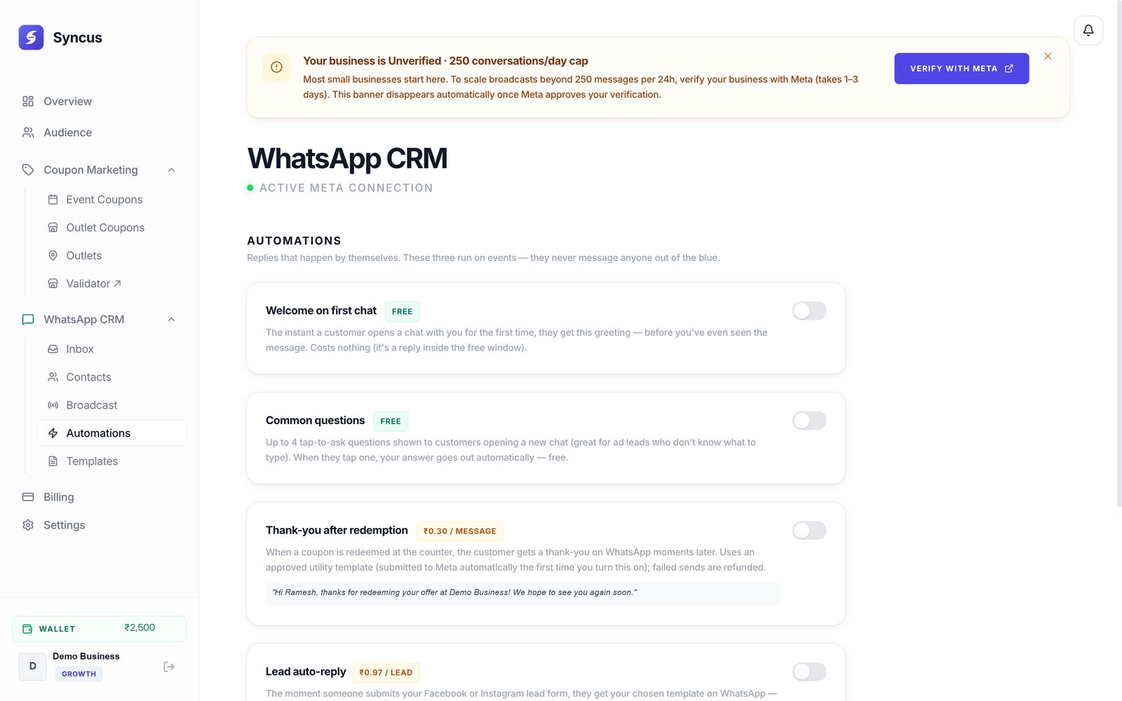 The automations page: welcome on first chat, common questions, and thank-you after redemption, each with its cost.