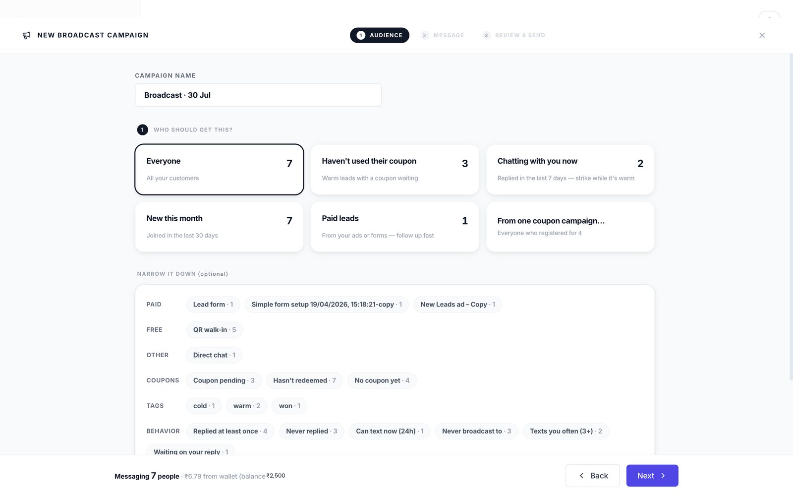 The broadcast wizard: audiences described in plain language with counts, and a footer showing the exact cost of the send.